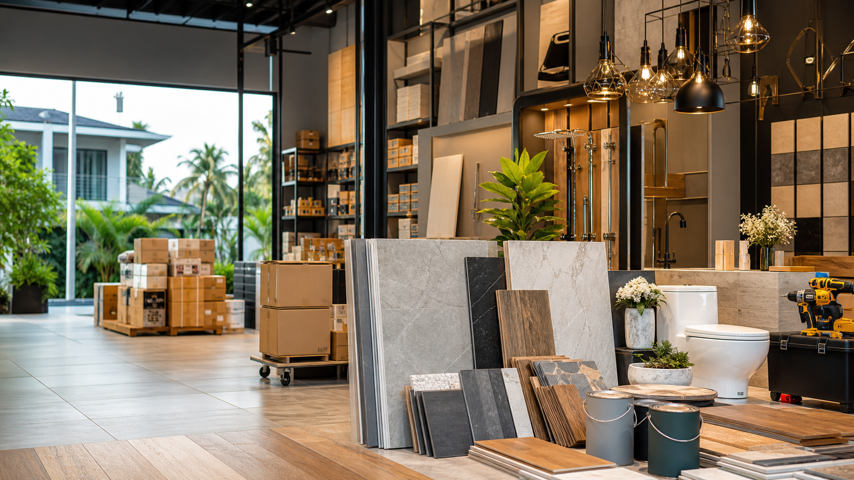 Modern showroom with tiles, flooring, lighting and bathroom materials